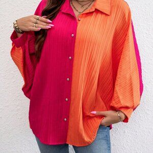 SHEIN Curve Pink and Orange Two Tone Gold Button Pleated Blouse Dolman Sleeve